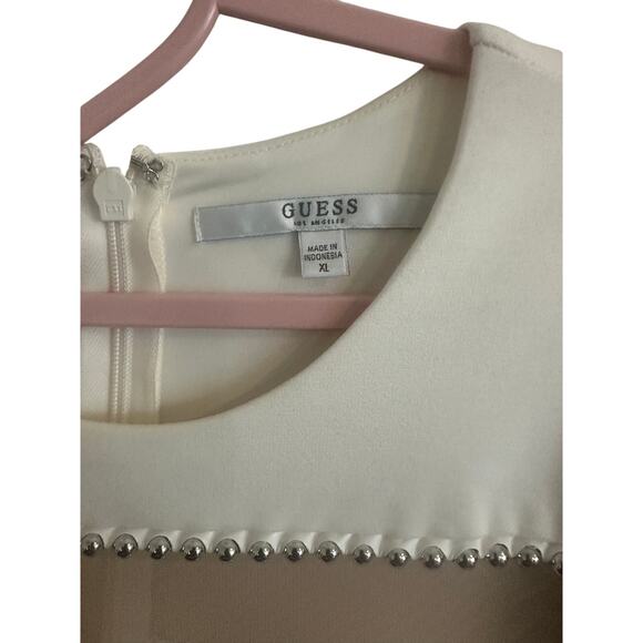 GUESS Women's Colorblock Mini Dress XL Long Sleeve White Nude Mesh Panel - Picture 7 of 11